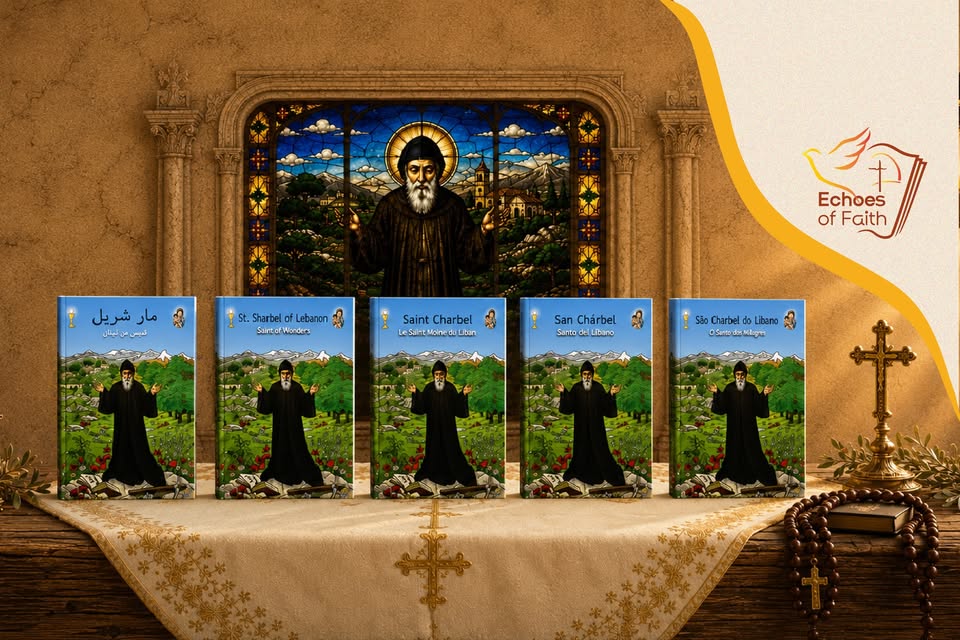 الطبعات الخمس بلغات مختلفة من الكتاب المصوَّر عن القدّيس شربل أمام نافذة زجاجية ملوّنة تصوّره